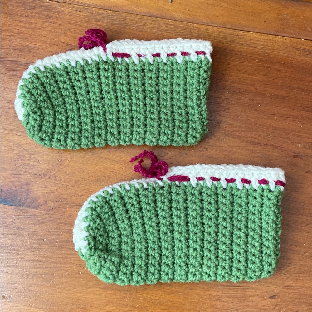 Green and White Crochet Slippers